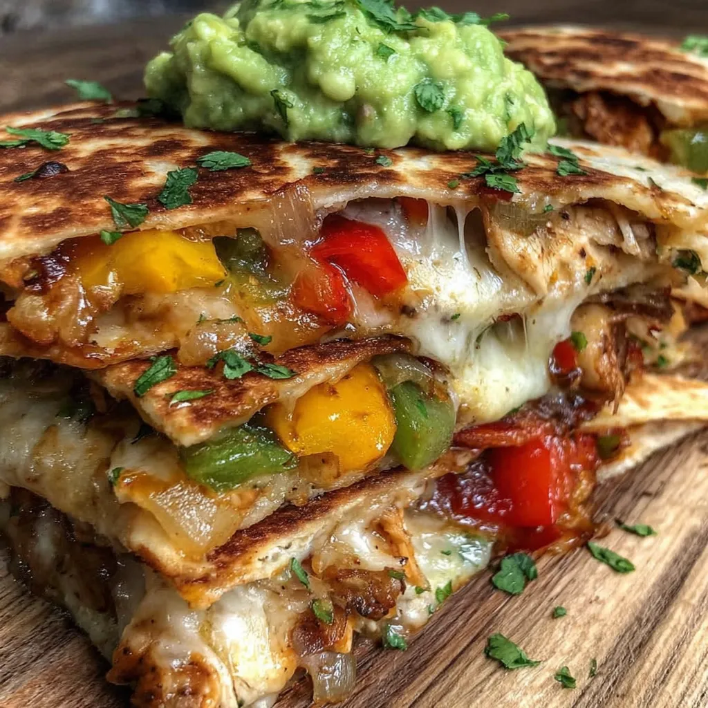 A chicken fajita quesadilla with peppers and avocado.