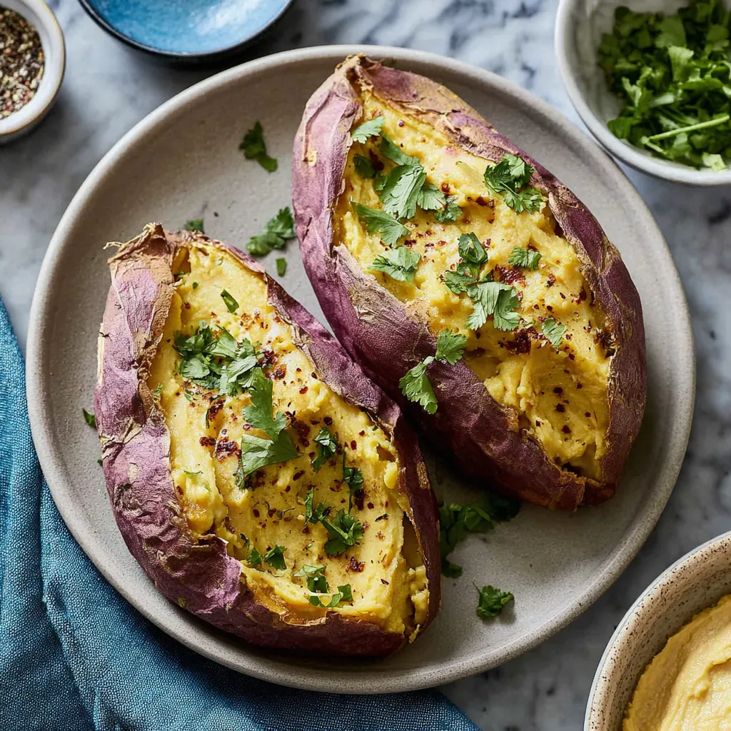 Two baked Japanese sweet potatoes with green toppings.
