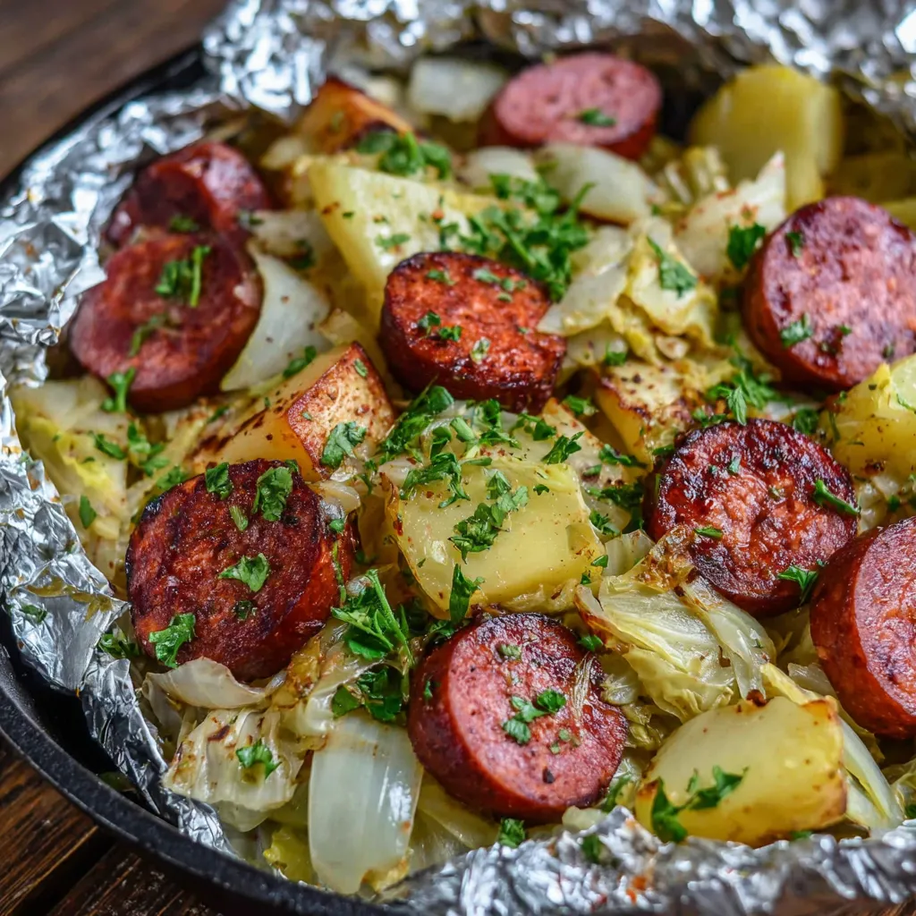 A foil pack of kielbasa and cabbage.