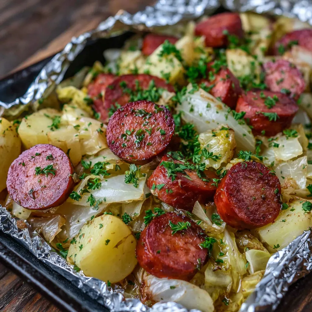 A foil pack of kielbasa and cabbage.
