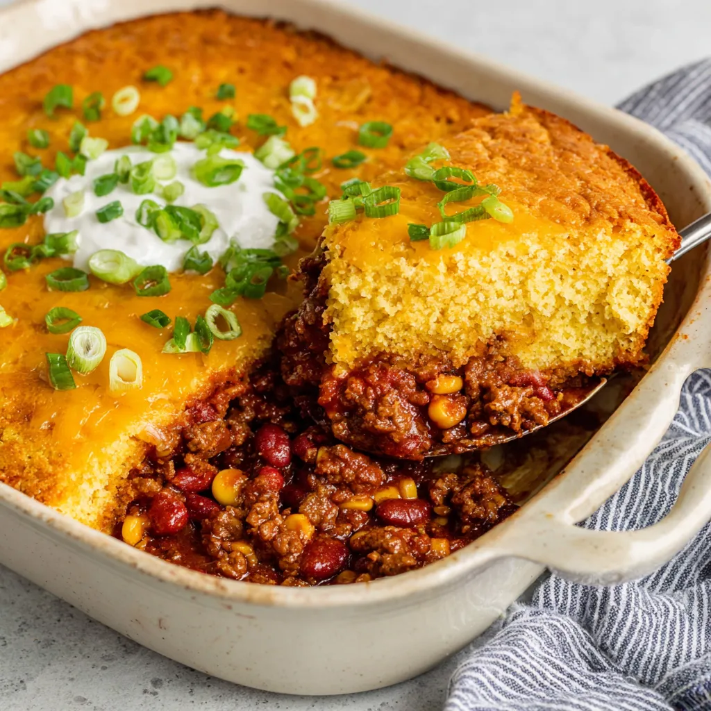 A dish of chili cornbread casserole with a spoon on top.