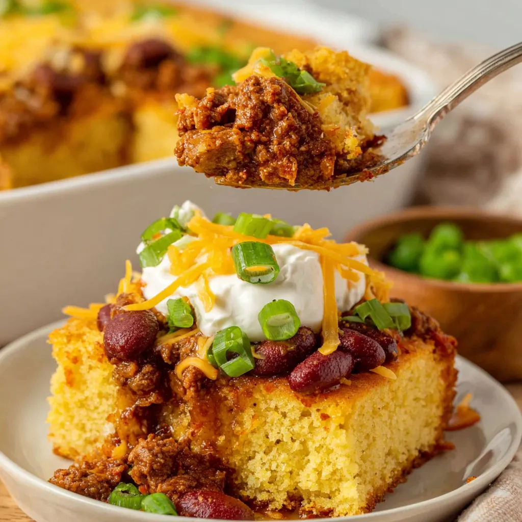A slice of chili cornbread casserole.