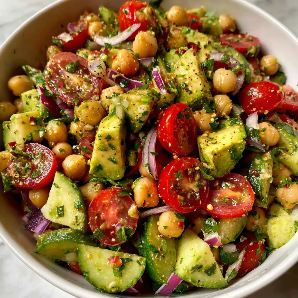 A bowl of chickpea avocado salad.