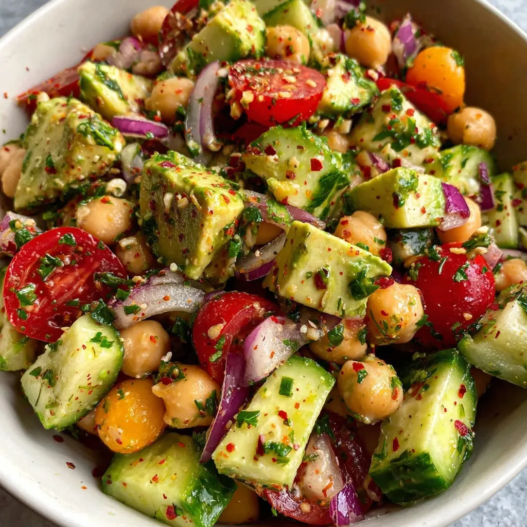 A bowl of chickpea avocado salad.