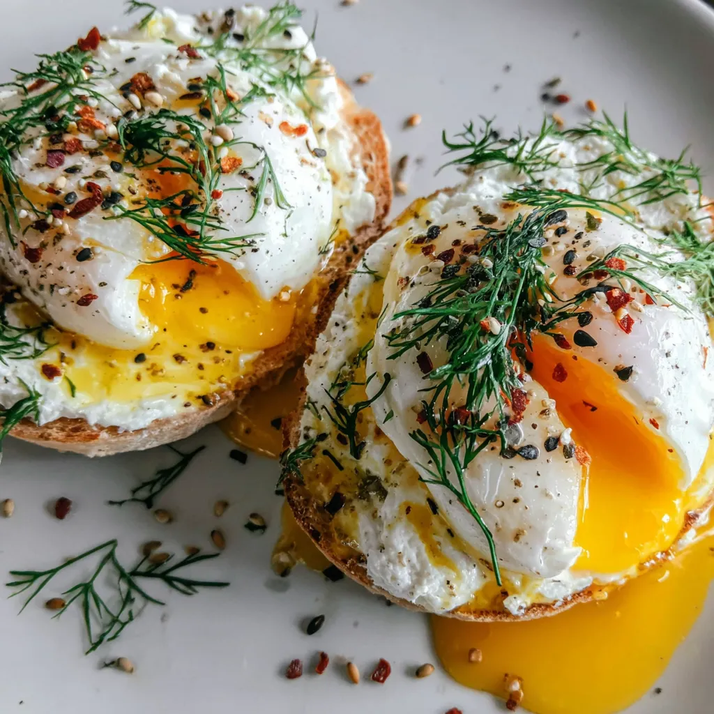 Two eggs benedict with sauce and herbs.