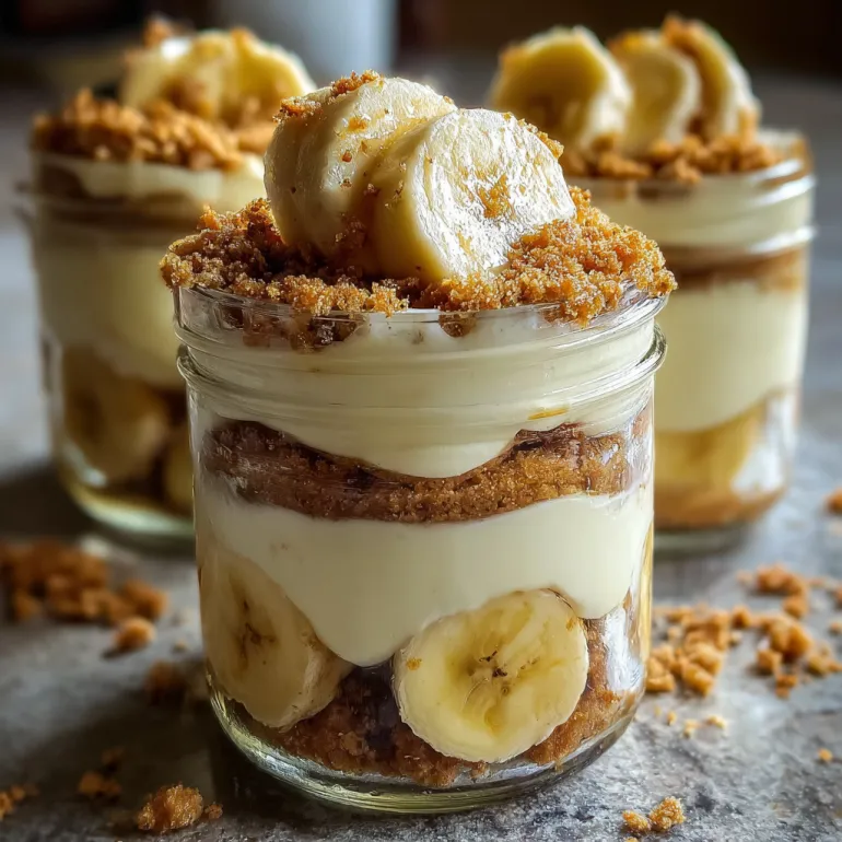 A glass of banana pudding with a spoon in it.