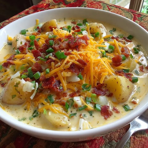 A bowl of loaded potato soup with cheese.