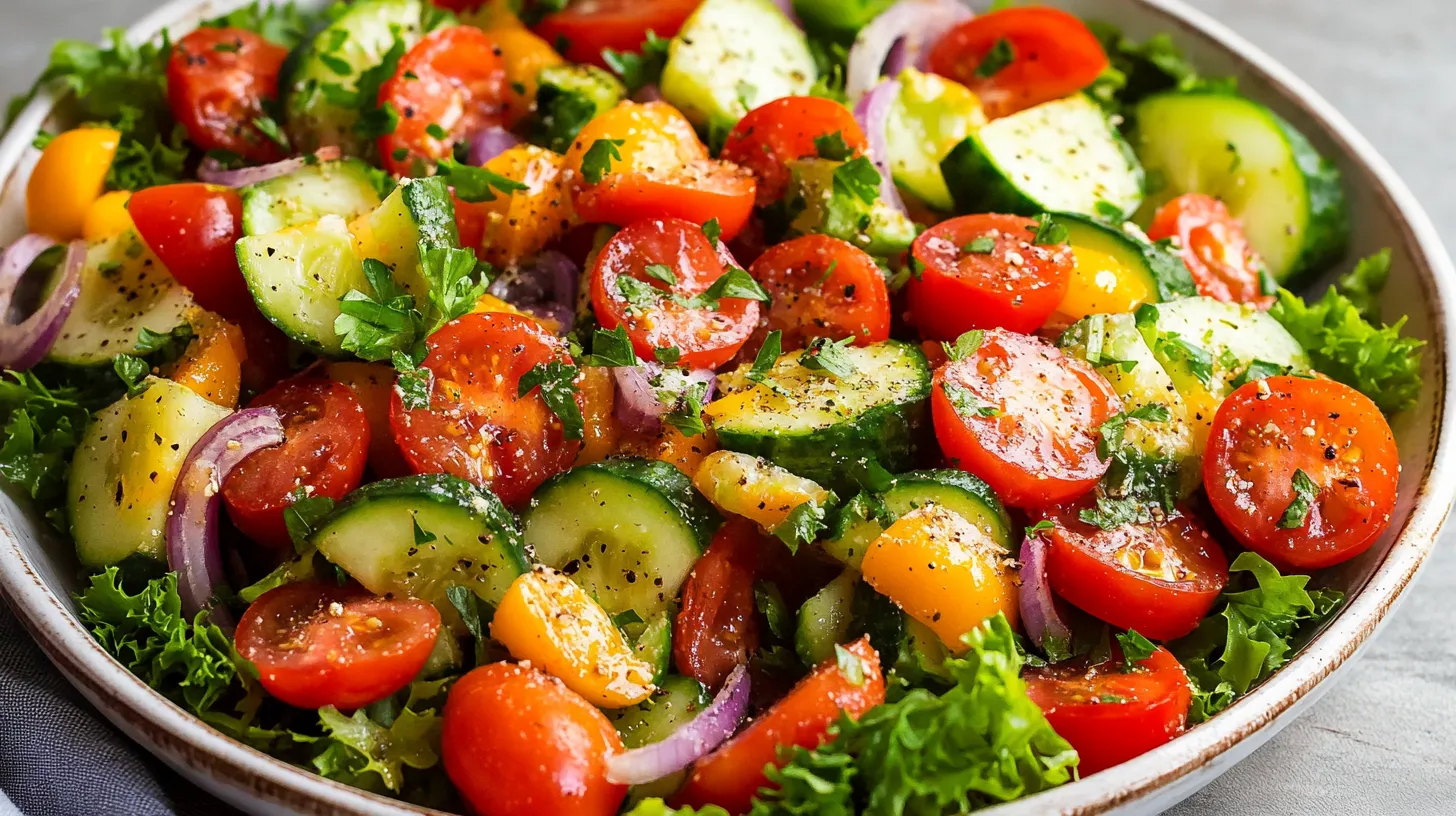 A bowl of vegetables including tomatoes, cucumbers, and onions.