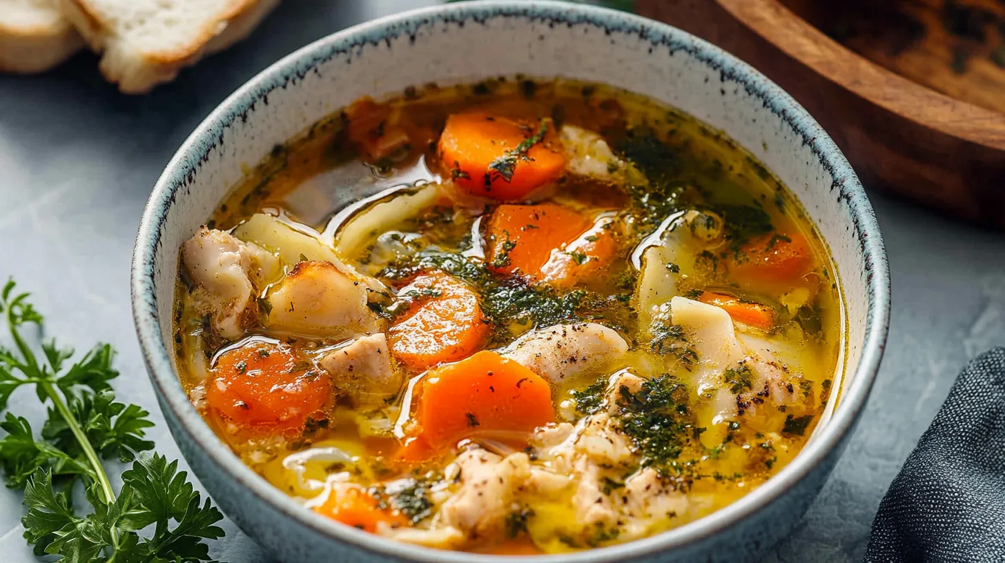 A bowl of soup with carrots and chicken.