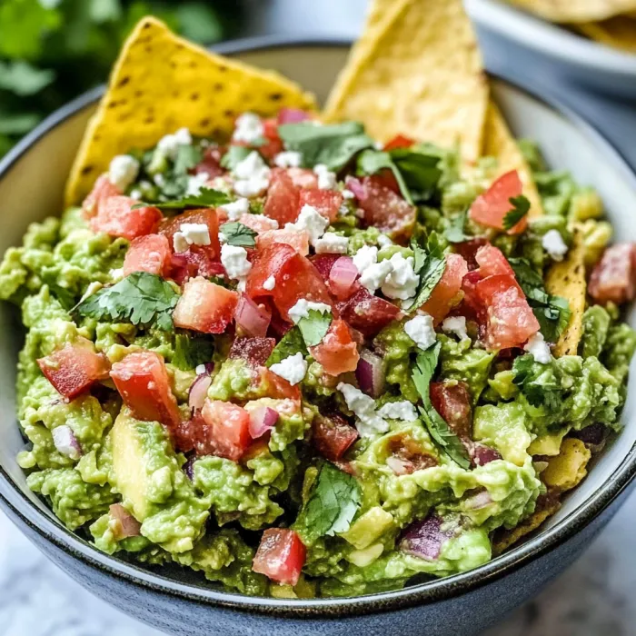 A bowl of guacamole with tomatoes and cheese.
