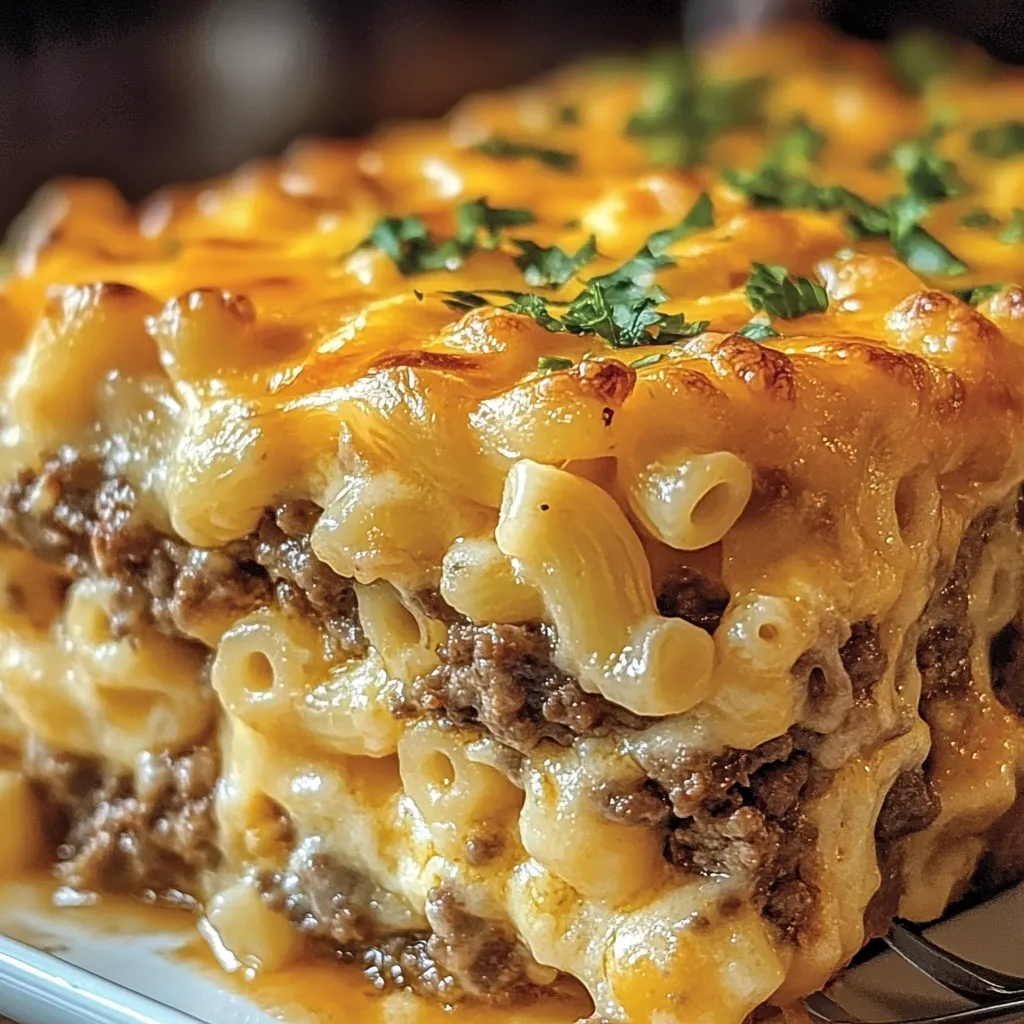 A casserole dish with macaroni and meat.