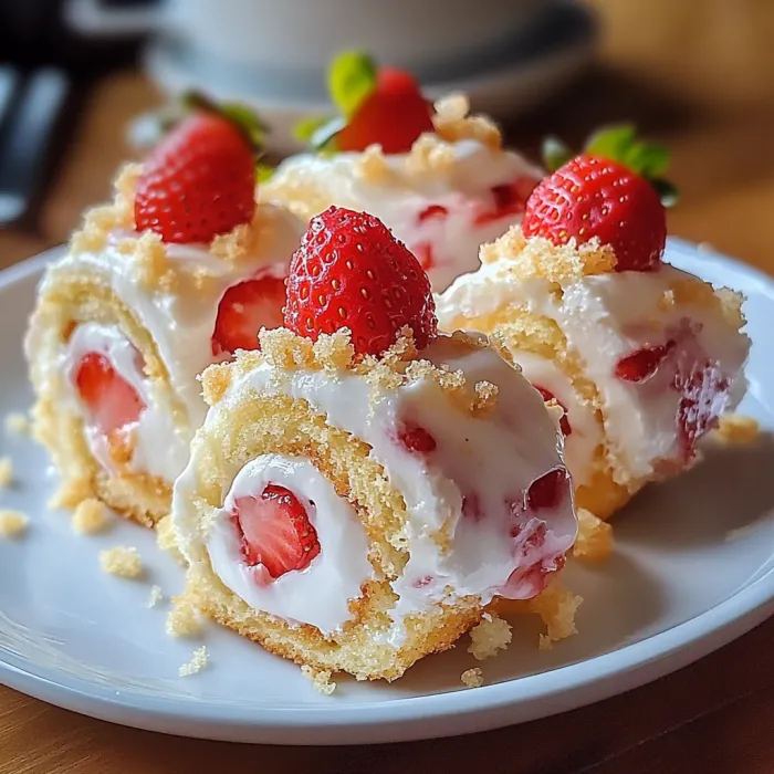 A plate of cake with strawberries on top.