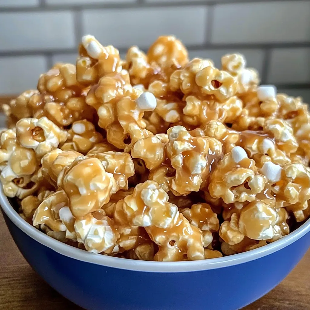 A bowl of popcorn with caramel drizzled on top.