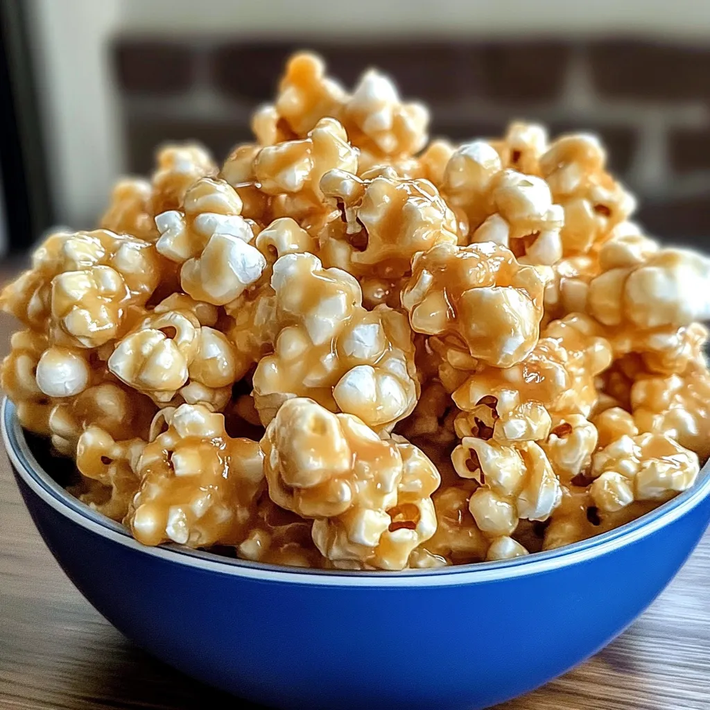 A bowl of popcorn with a brown sauce.