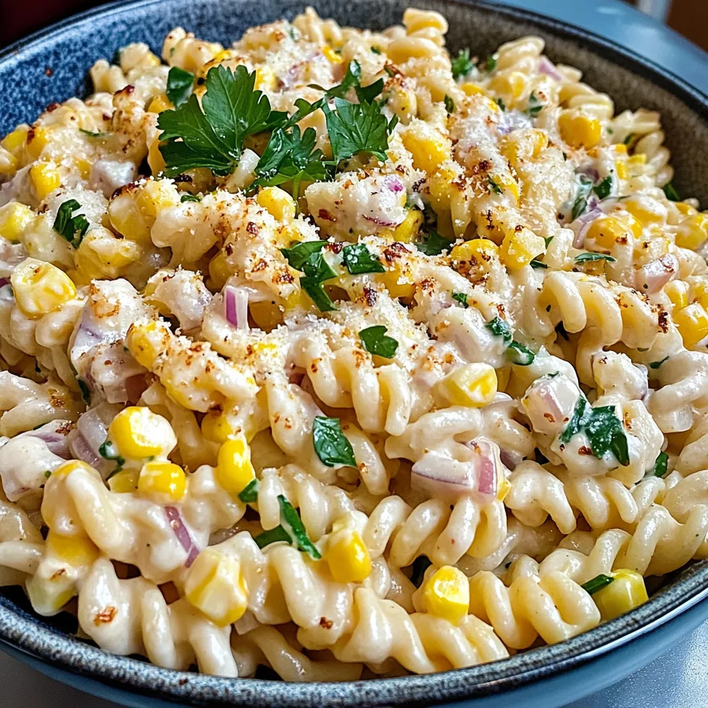 A bowl of pasta with corn and cheese.