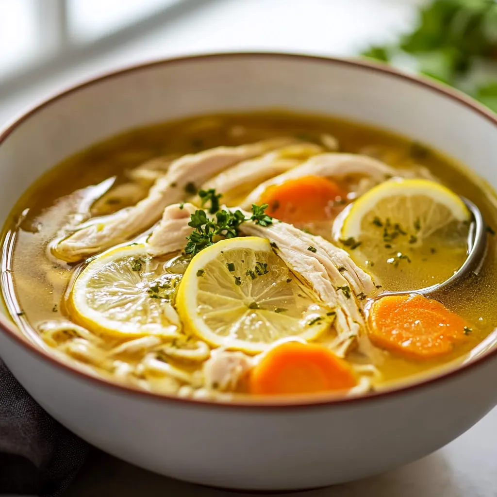 A bowl of soup with lemon slices and carrots.
