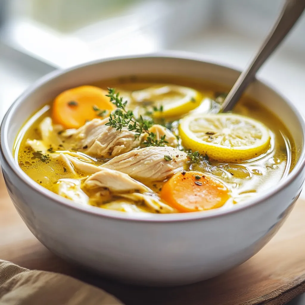 A bowl of soup with carrots and lemon slices.