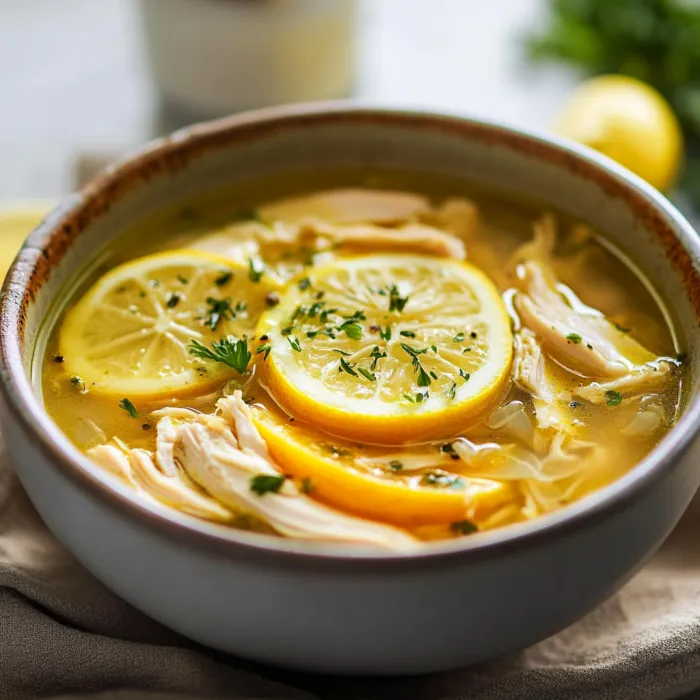 A bowl of soup with lemon slices.