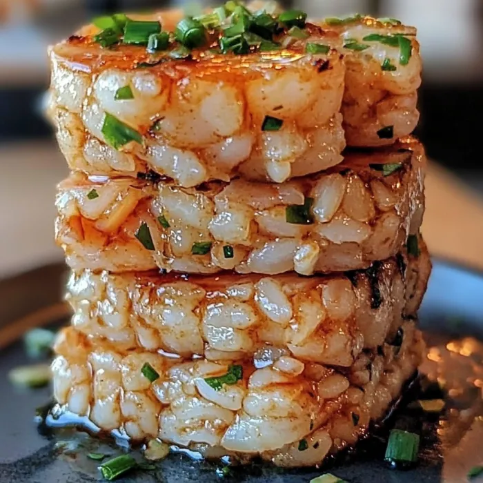 A stack of garlic butter shrimp and rice.