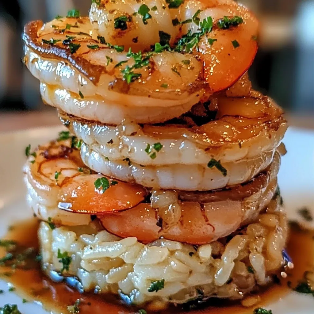A stack of shrimp and rice with garlic butter.
