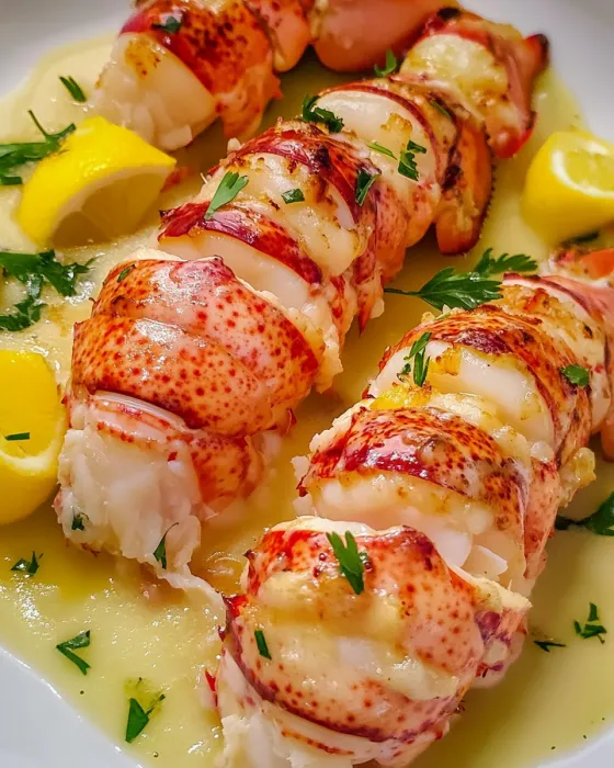 A plate of lobster with lemon wedges.