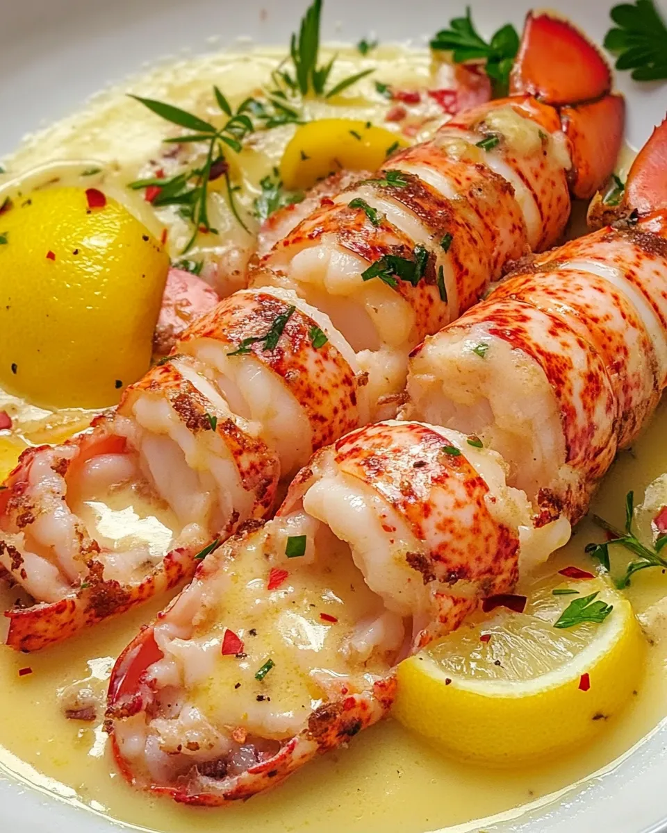 A plate of lobster with lemon and herbs.
