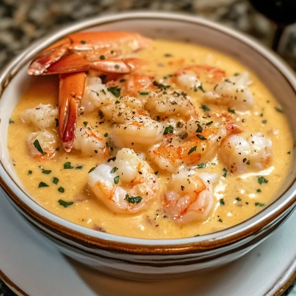 A bowl of shrimp and cream soup.