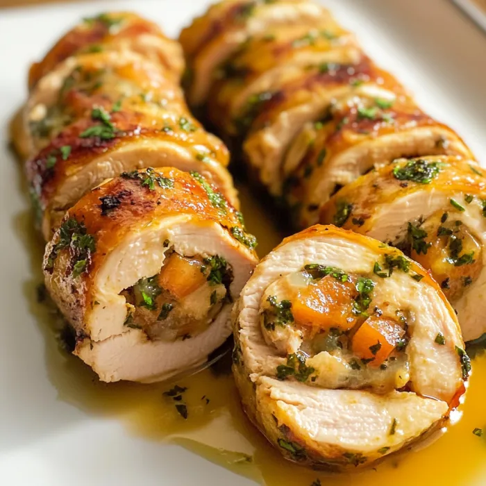 Chicken wrapped in bacon and herbs.