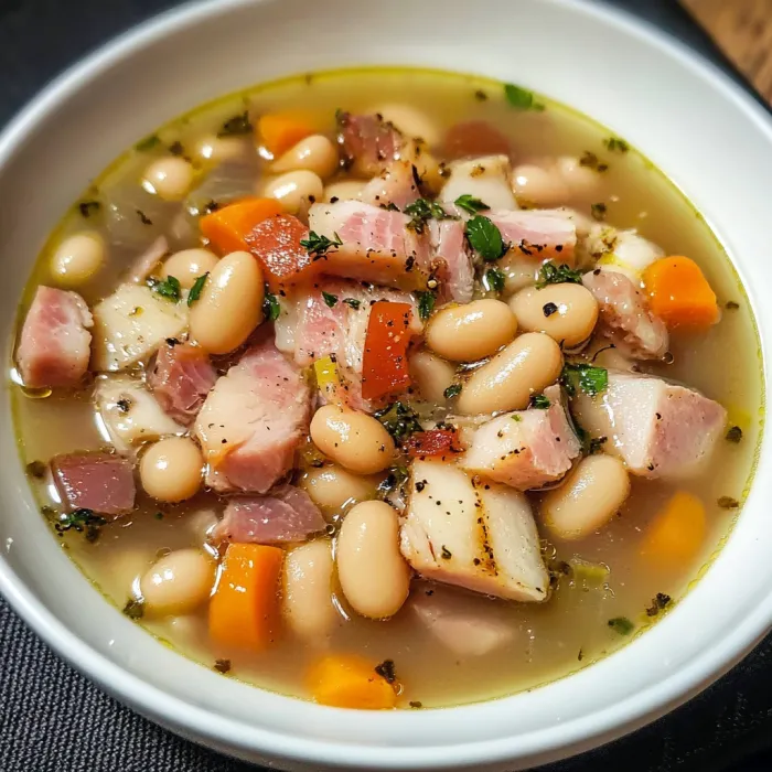 A bowl of soup with meat and beans.
