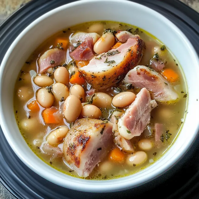 A bowl of soup with meat and beans.