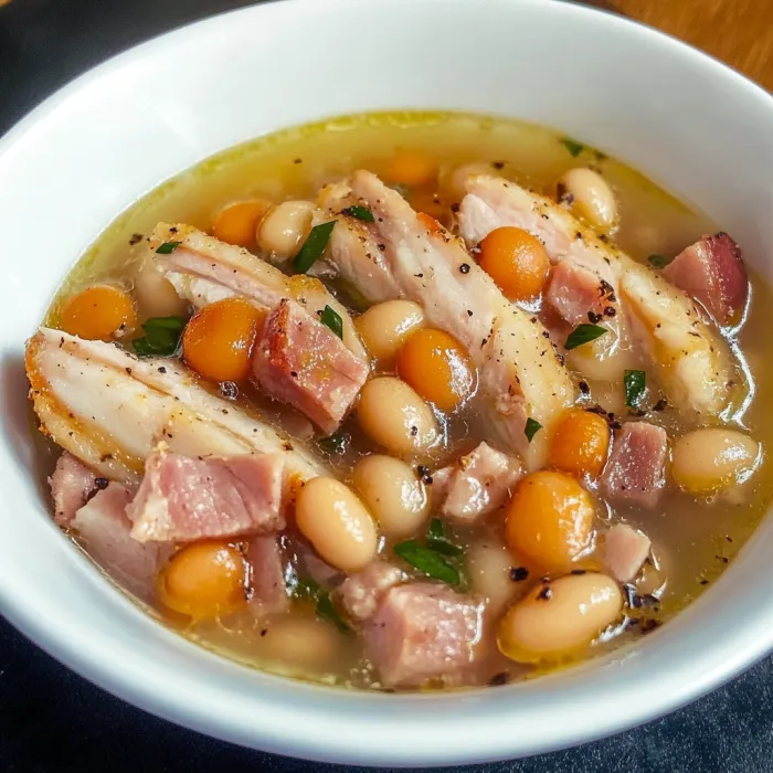 A bowl of soup with meat and beans.