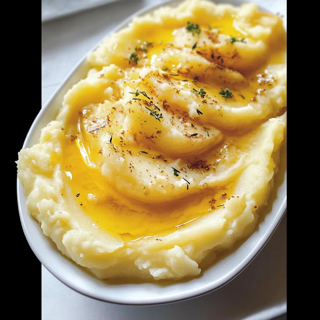 A plate of mashed potatoes with butter.