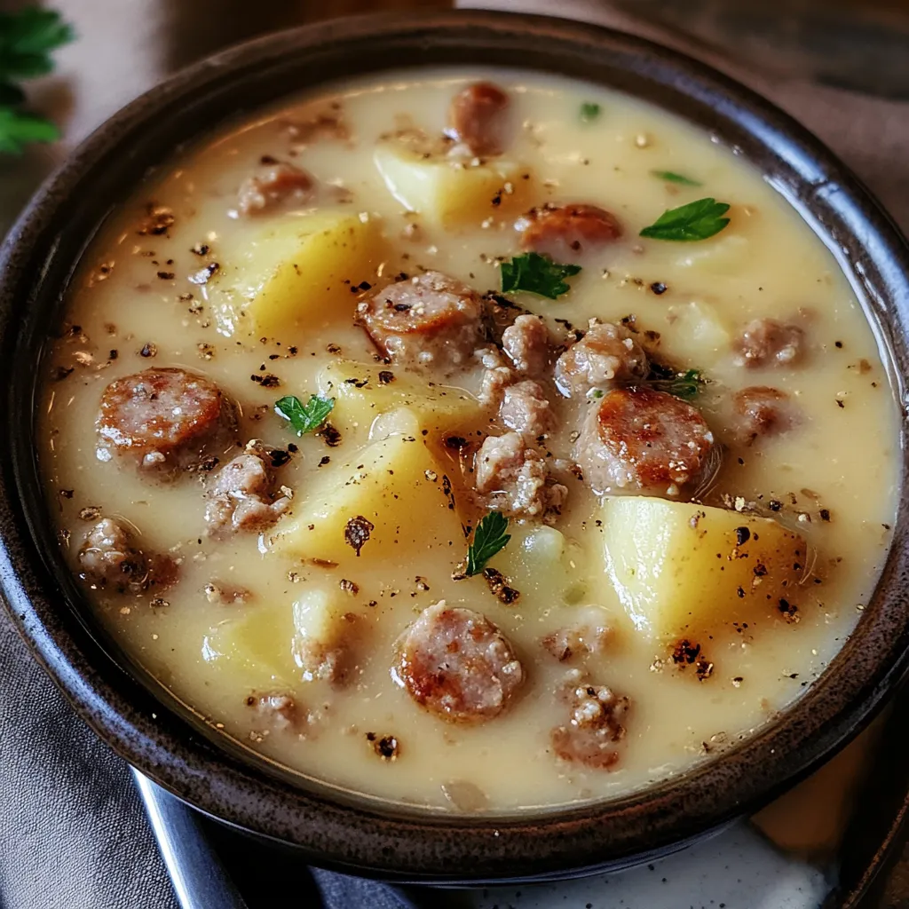 A bowl of soup with meat and potatoes.