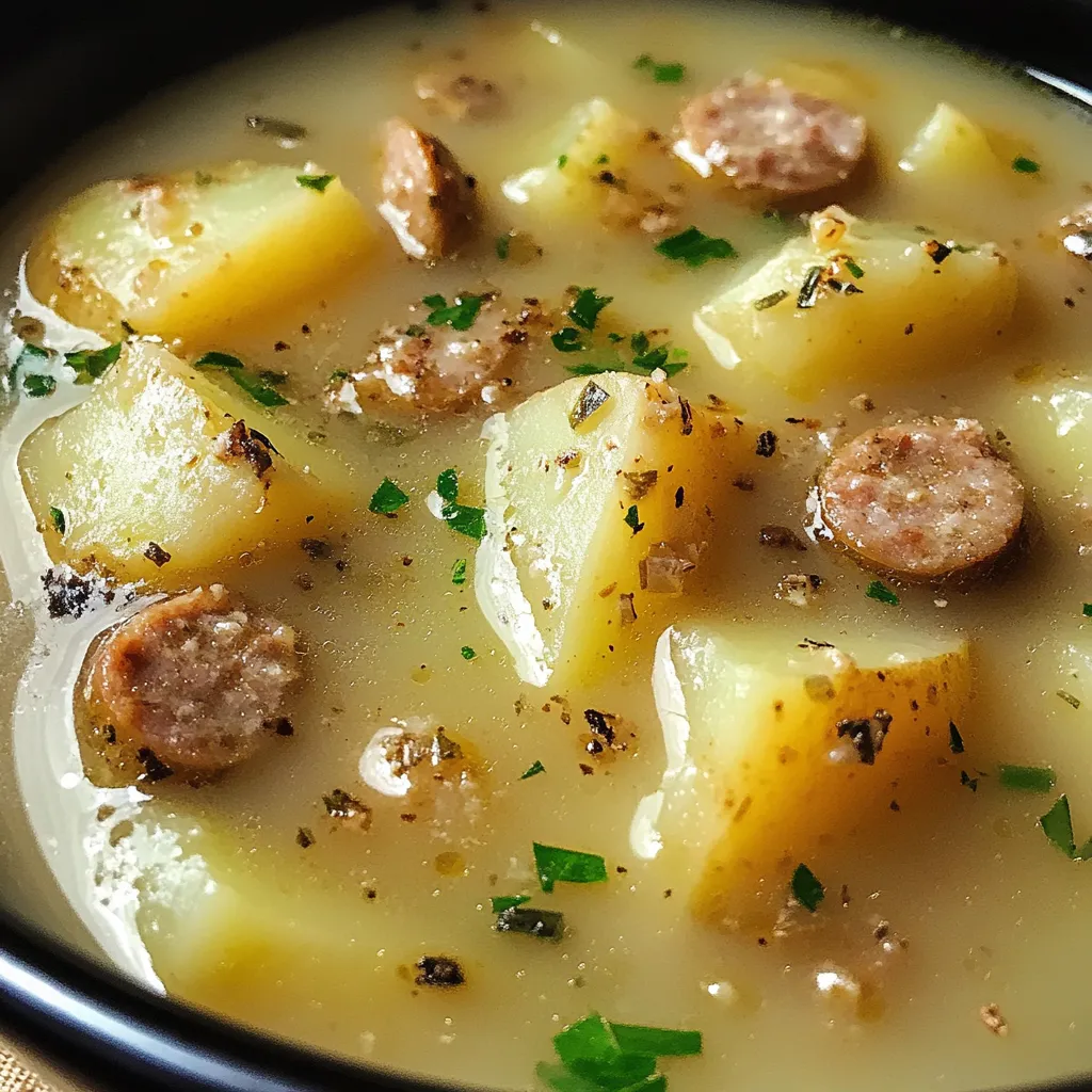 A bowl of soup with sausage and potatoes.