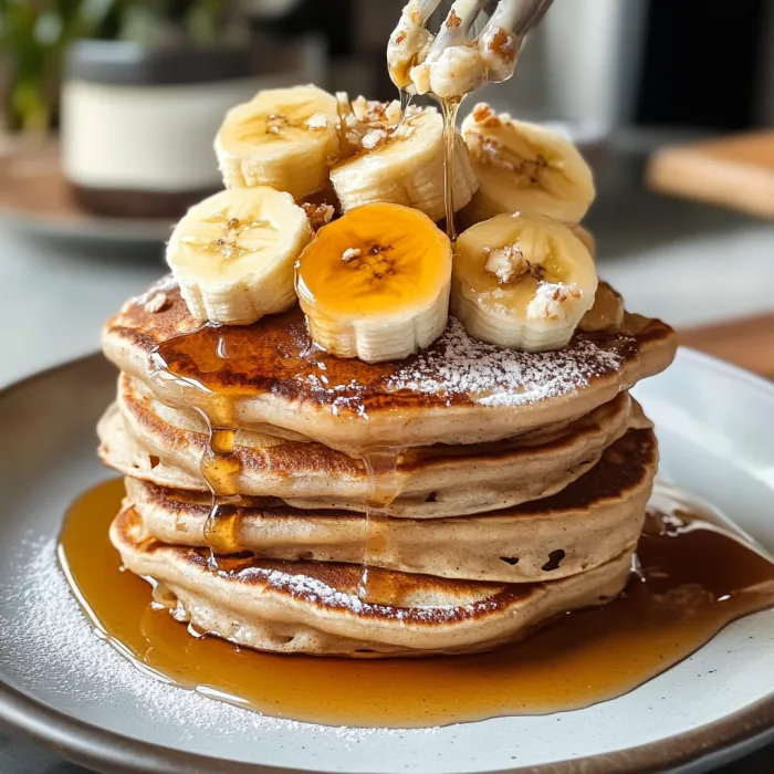 A stack of pancakes with syrup drizzled on top.
