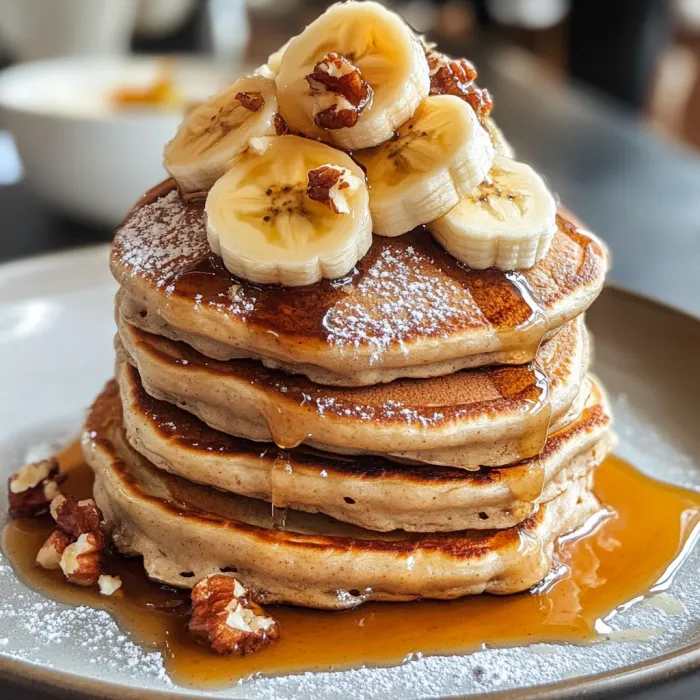 A stack of pancakes with bananas on top.