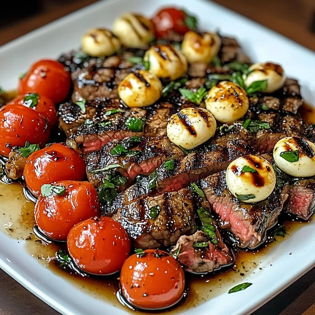 A plate of grilled steak with tomatoes and mushrooms.
