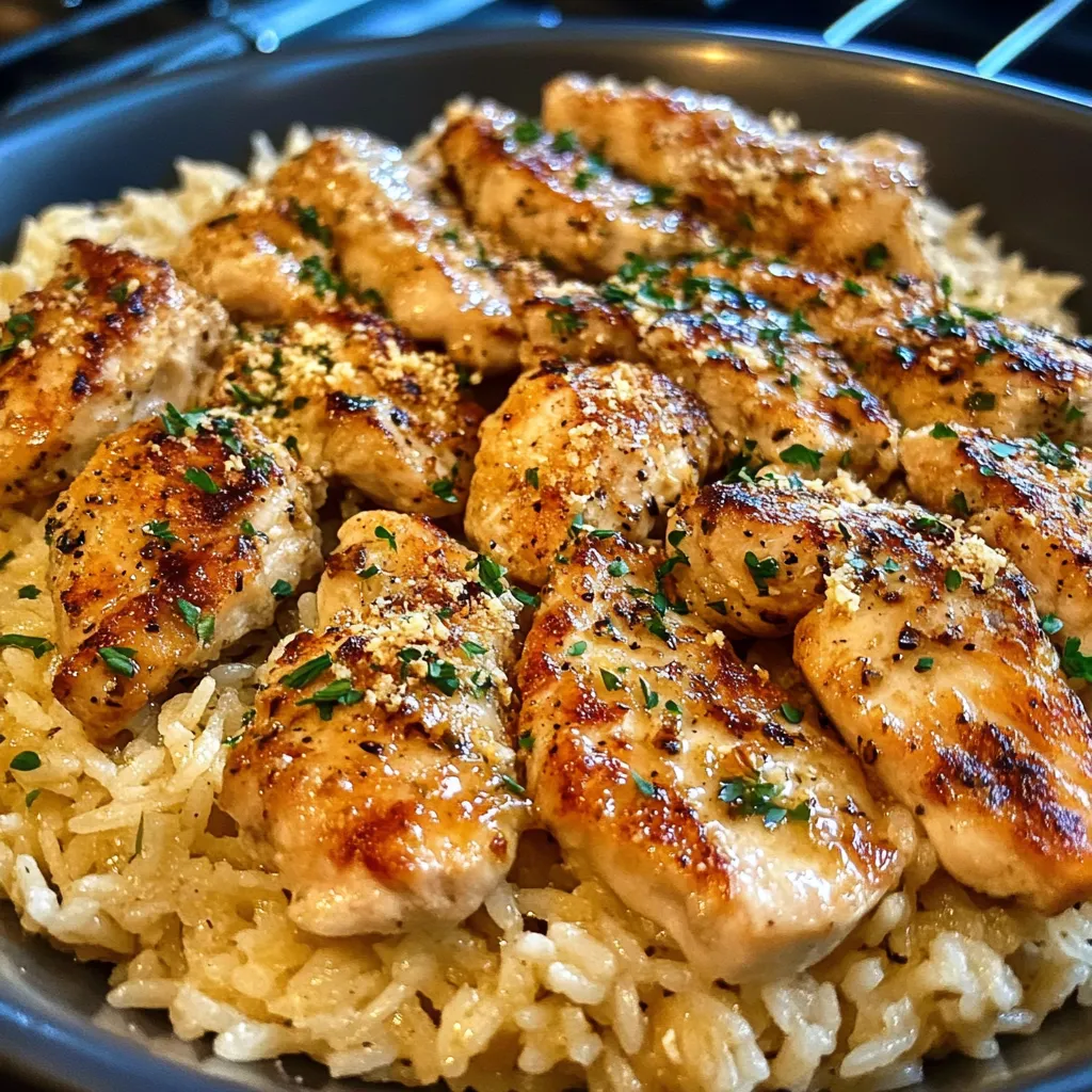 A bowl of rice with chicken and garlic.