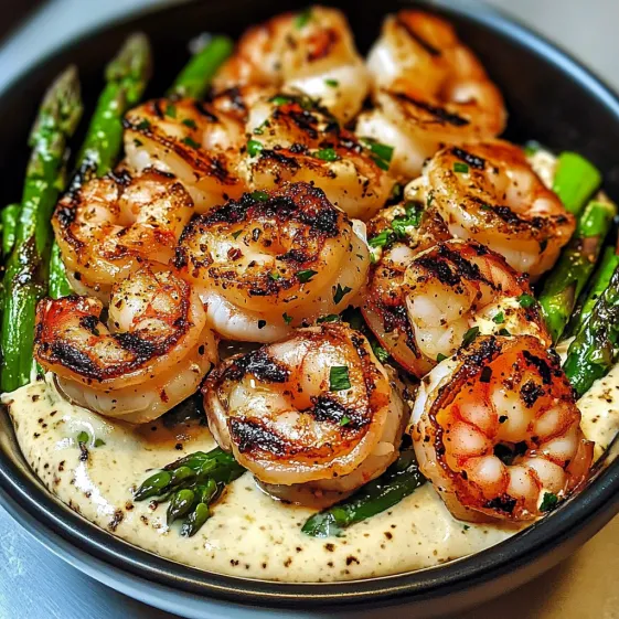 A bowl of grilled shrimp with asparagus and a creamy garlic sauce.