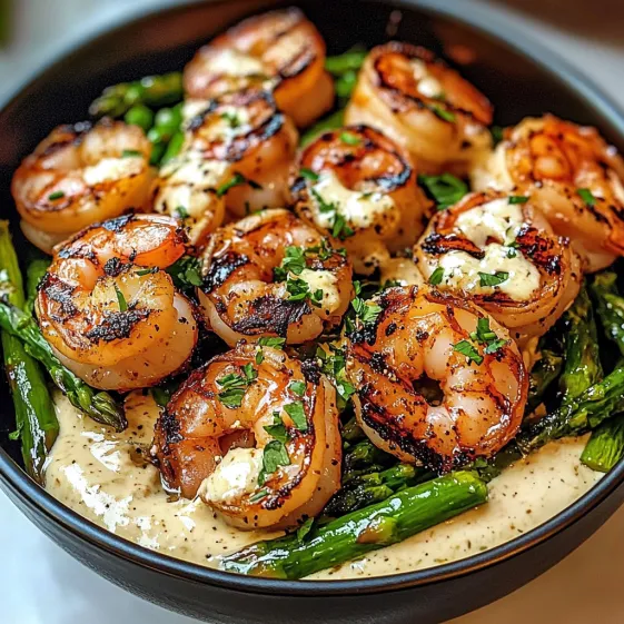 A bowl of grilled shrimp with asparagus and a creamy garlic sauce.