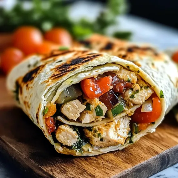 A wrap with chicken and vegetables.