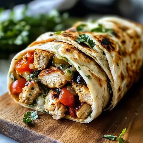 A chicken wrap with tomatoes and lettuce.