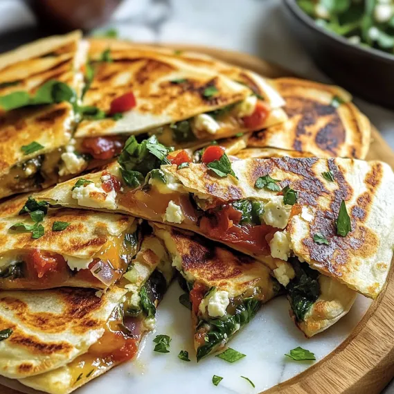 A plate of quesadillas with spinach, feta, mozzarella, and red onion.