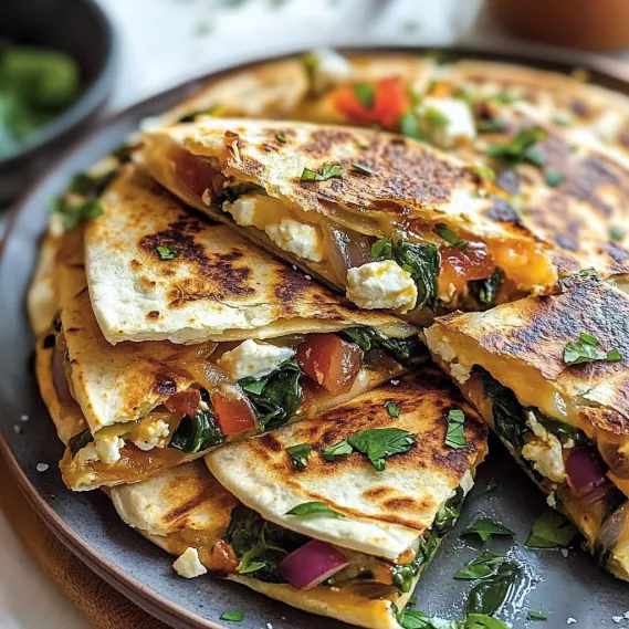 A plate of quesadillas with spinach, feta, mozzarella, and red onion.