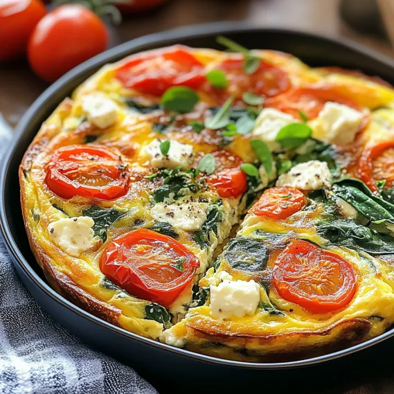 A frittata with tomatoes and spinach.