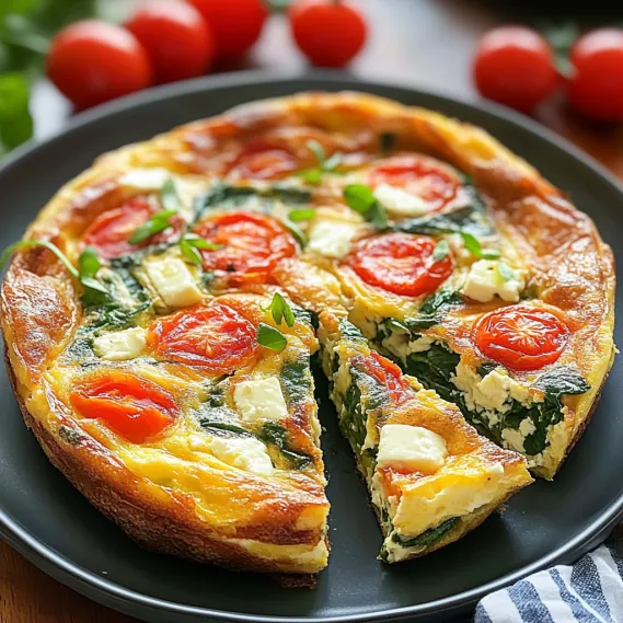 A slice of a frittata with tomatoes and spinach.