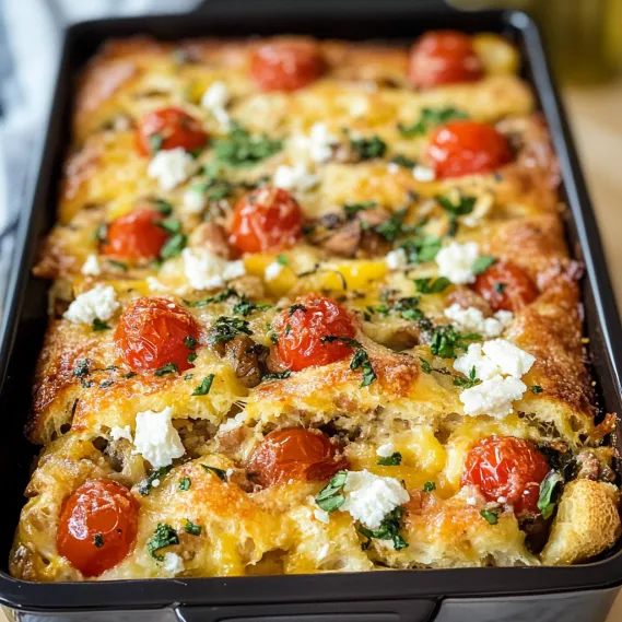 A casserole with tomatoes and cheese.