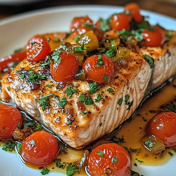 A piece of salmon with tomatoes and herbs.