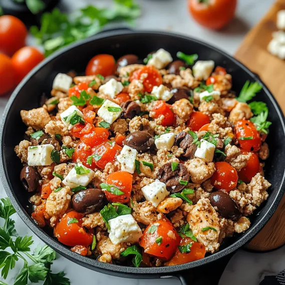 A skillet filled with Mediterranean keto ground chicken, olives, and feta.