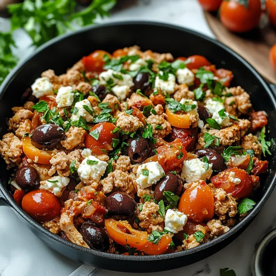 A skillet filled with Mediterranean keto ground chicken, olives, and feta.